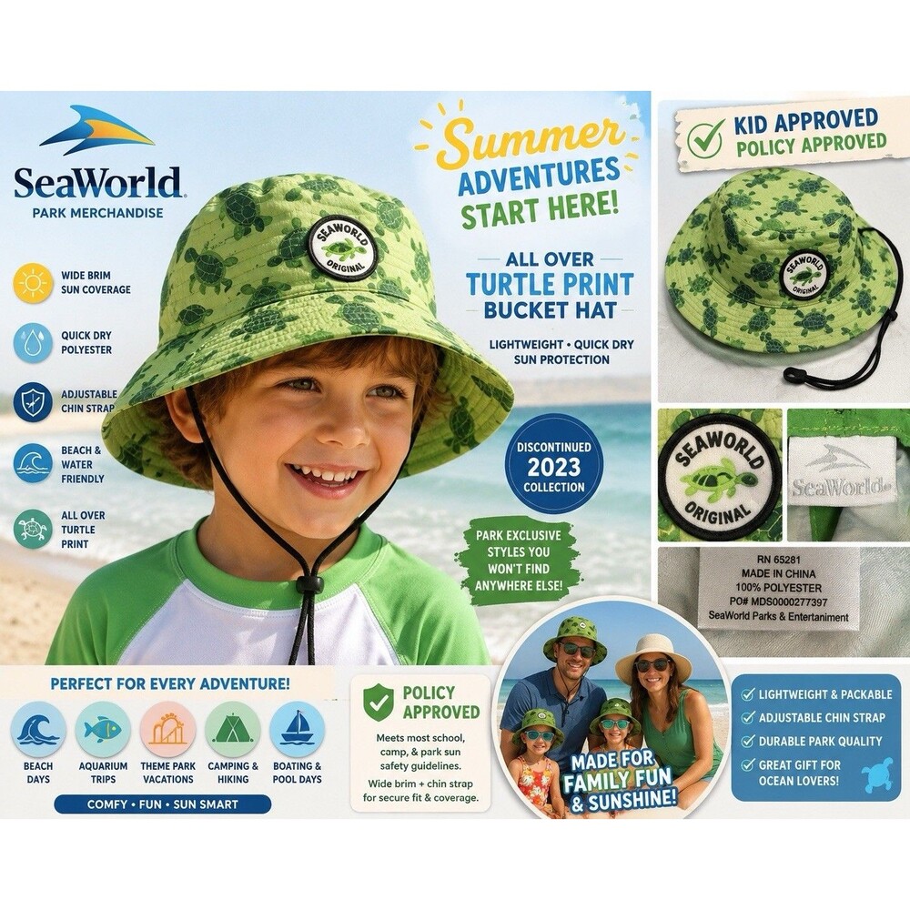 SeaWorld Park Merchandise All Over Turtle Print Bucket Hat EUC Summer Passholder